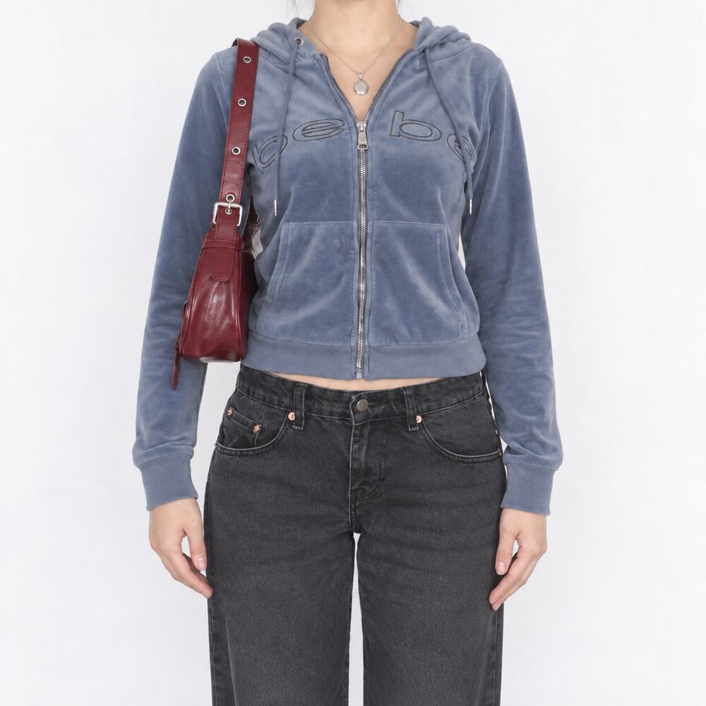 Bebe Blue Velour Zip Up Hoodie Y2K Logo Jacket